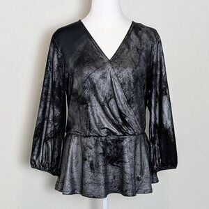 ADRIENNE VITTADINI Women's V-Neck Long Sleeve Top  Size L  Black Shimmer